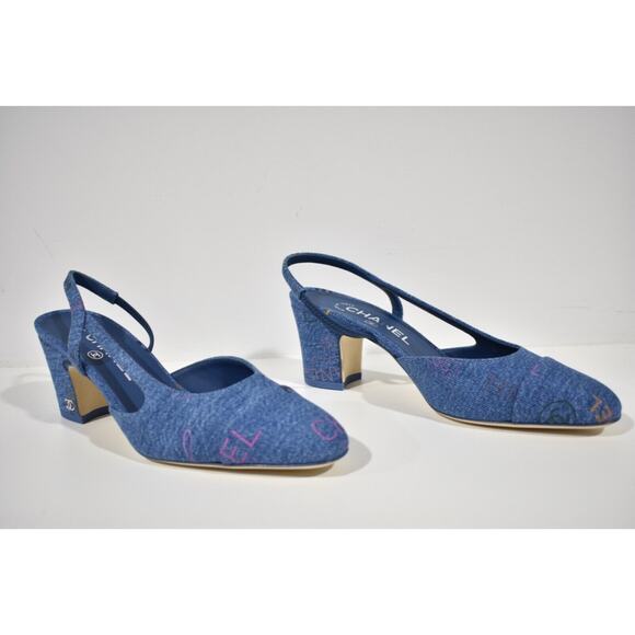 Chanel 22P Mademoiselle Coco Sling Light Blue Denim Slingback Sandal Heel 41.5 - Picture 2 of 10